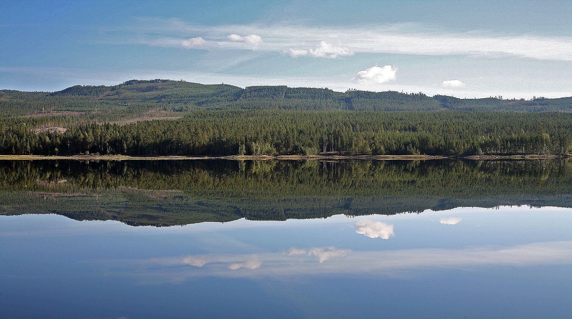 Spiegelung der Landschaft in einer unbewegten Wasserfläche, bild kopplad till Älvdalen.